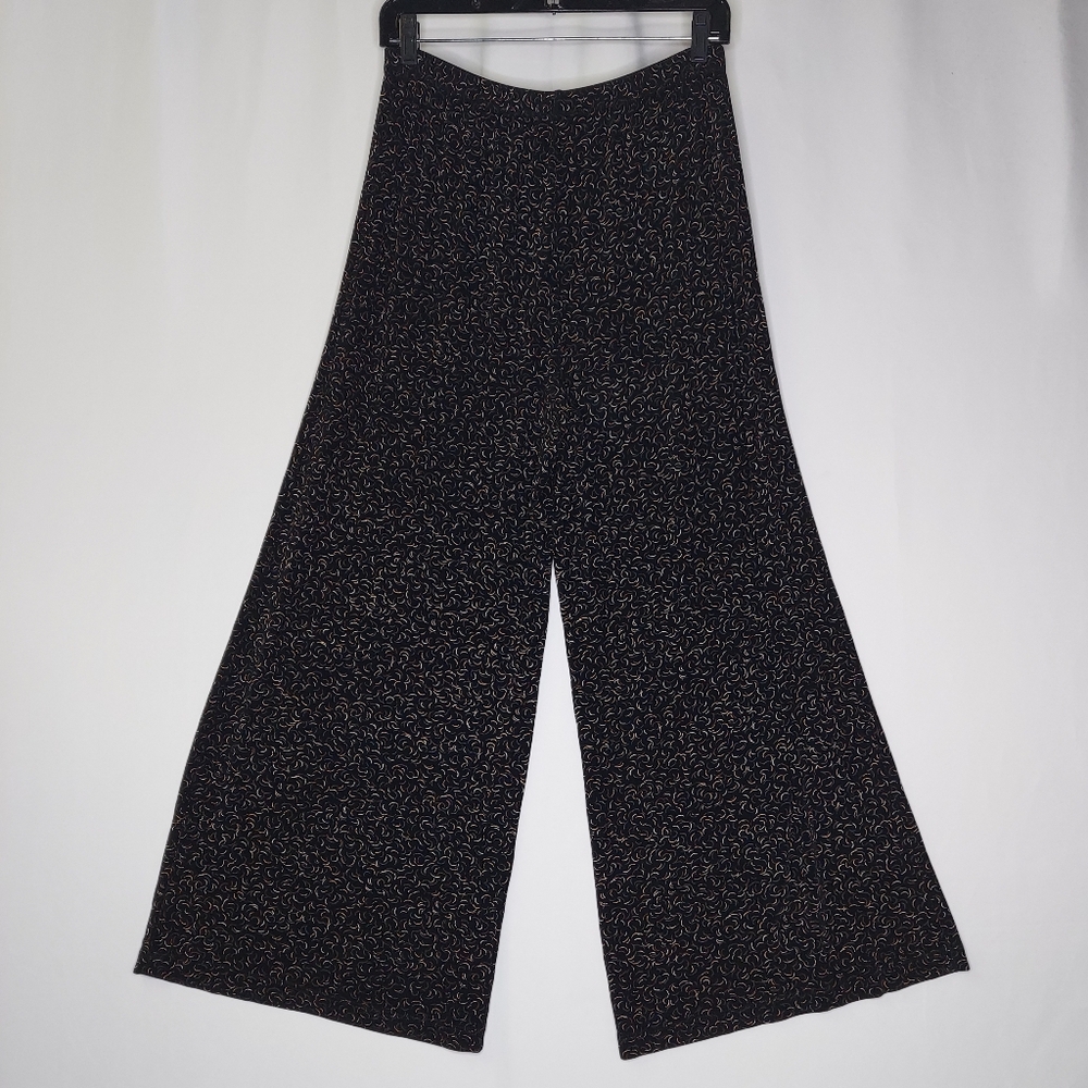 Slinky Brand Vtg Wide Leg Cropped Pants Women Medium Black Neutral Print Elastic
